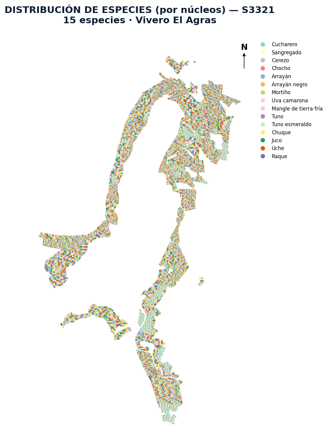 Mapa de distribución de la siembra por especie, elaborado en QGIS