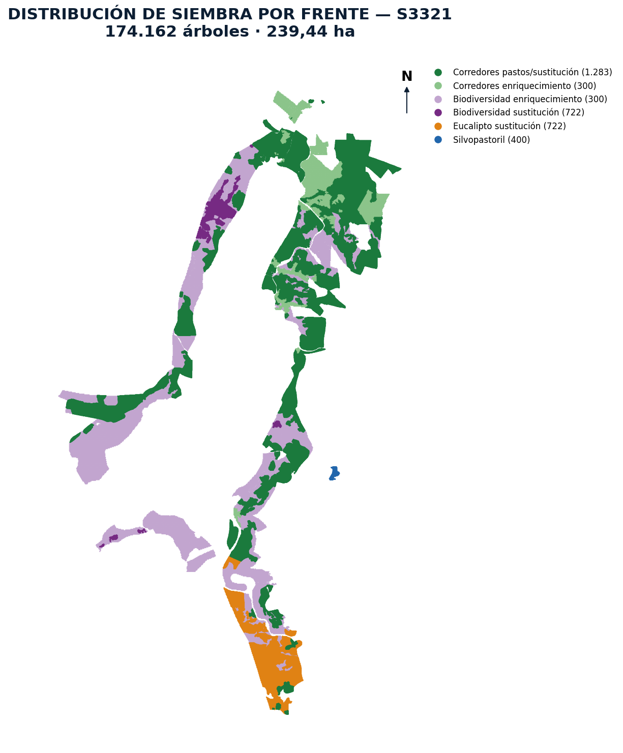 Mapa de distribución de la siembra por frente, elaborado en QGIS